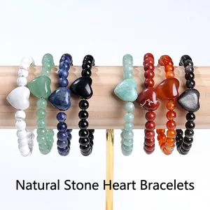 Natuursteen Hart Kralen Armband Genezing Kristal Kwartst Elastische Armband Voor Dames Heren Retro Edelsteen Hart Sieraden