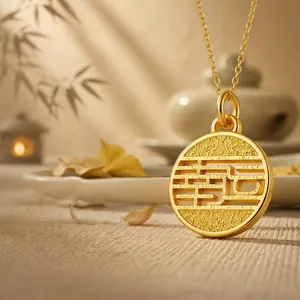 Matte Sand Gold Lucky Character Round Pendant Hollow Carved High Color Retention Double Sided Lucky Plate DIY Jewelry Accessory Alloy Pendant