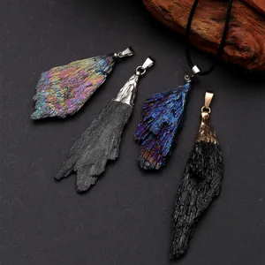 Collar de Colgante de Piedra en Bruto de Turmalina Negra Natural en Forma de Pluma Retro Envejecido Galvanizado Joyería para Unisex