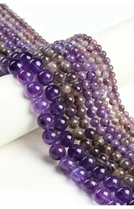 Vue rapprochée de perles d'améthyste rondes naturelles aux nuances violettes.