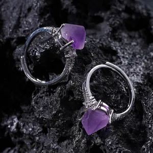 Natürlicher Amethyst Aquamarin Rohstein Ring 925 Sterling Silber Offener Verstellbarer Ring Mit Strass Für Damen Mode Schmuck