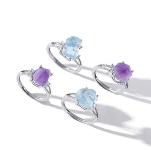Set aus naturbelassenen Amethyst- und Aquamarin-Ringen aus S925 Silber mit Rohsteinen