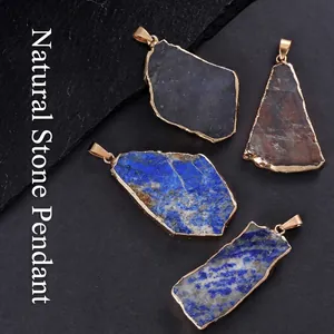 Pendentif en Pierre Naturelle Tranche à Bord Doré Double Face Cristal Quartz Irrégulier Agate Améthyste Pendentifs en Pierre Minérale Brute pour Fabrication de Bijoux Accessoires DIY Unisexe