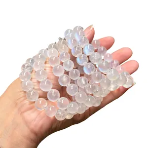 Bracelet en perles de pierre de lune bleue naturelle pour femme avec bel éclat bleu