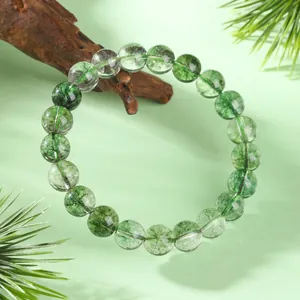 Bracelet en perles de quartz fantôme vert naturel avec inclusions de cristaux de guérison
