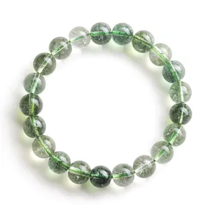 Bracelet de luxe en quartz fantôme vert avec des perles rondes vertes de qualité