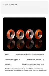 Macro detail of four natural red agate rings with clear product specification table