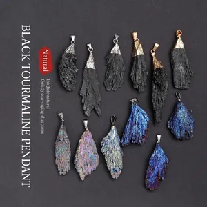 Natural Black Tourmaline Kyanite Feather Raw Stone Pendant Necklace Electroplated Rainbow Peacock Blue Vintage Jewelry For Women Men