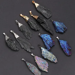 Natural black tourmaline and kyanite feather-shaped raw stone pendants for jewelry making
