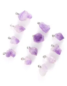 Collection of irregular light purple amethyst raw stone pendants with silver bails