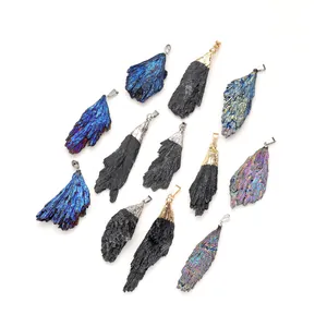 Iridescent black tourmaline feather raw stone pendants with metallic caps