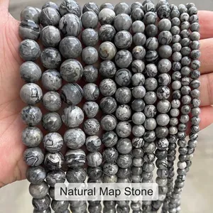 Perles rondes naturelles en jaspe gris pour la fabrication de bijoux DIY 4-12mm