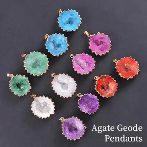 Natural Agate Druzy Geode Pendant Gold Plated Copper Edged Irregular Crystal Cluster Mineral Stone Charm For Jewelry Making