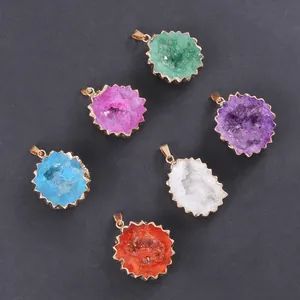Colorful natural druzy agate geode pendants with gold plated edges for jewelry making
