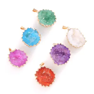 Natural druzy agate cave pendants in assorted colors with electroplated gold edges