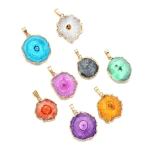 Set of colorful irregular druzy agate flower pendants with gold plated edges for jewelry making