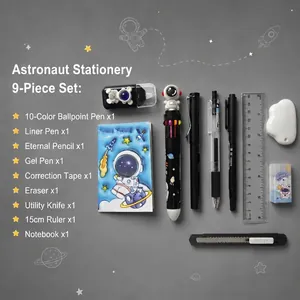 Detailed view of a 9-piece astronaut themed stationery set for boys gift box