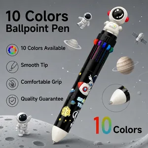 Macro detail view of 10-color astronaut theme ballpoint pen with smooth writing nib