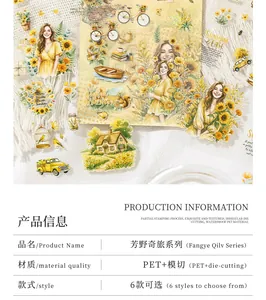 Detail showing vintage botanical and floral PET sticker designs for scrapbooking.