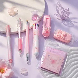 Coffret cadeau papillon rose comprenant stylos, cutter et notes adhésives assortis