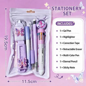 Set de papeterie papillon violet avec stylo multicolore, gomme et ruban correcteur.