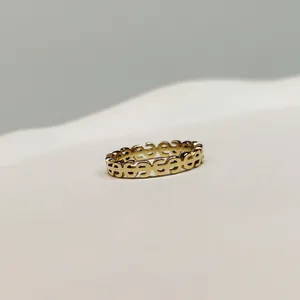Detail view of a minimalist gold-colored ring featuring a repeating dollar sign pattern