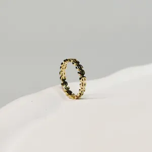 Close-up detail of a minimalist gold-colored ring with repeating dollar sign pattern.