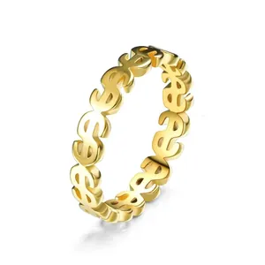 Minimalist gold-plated ring featuring recurring dollar sign symbols in a band design