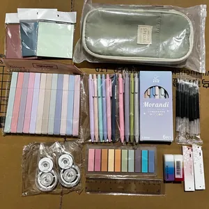 Detailed view of the comprehensive Morandi color stationery set including pens and case.