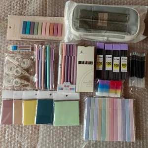 Comprehensive stationery set in Morandi colors with pens, highlighters and pencil case