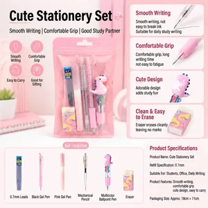 Cute pink dinosaur stationery set for students including pens, eraser and pencil lead