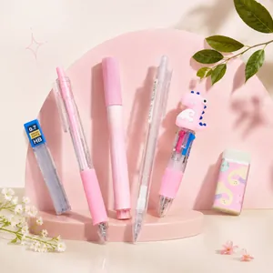 Macro view of a cute pink dinosaur stationery set featuring various pens and leads