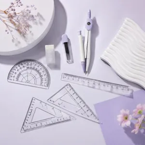 Juego de papelería lavanda de 7 piezas con compás, reglas y transportador escolar