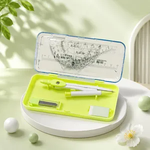 Vista detallada del juego de geometría verde neón con compás y transportador en estuche