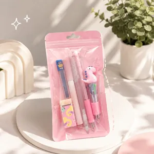 Cute pink dinosaur stationery set with multi-color pen and pencil in a zip pouch