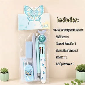 Blue butterfly stationery set with 10-color pen and eraser in 24x10cm bag