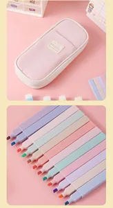 Detailed view of colorful pastel highlighters and a soft pink fabric pencil case