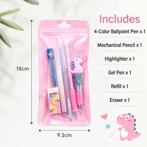 Cute pink dinosaur stationery set including pens, eraser and refills in a pouch