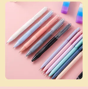 Macro detail showing a variety of colorful gel pens and highlighters in soft pastel shades