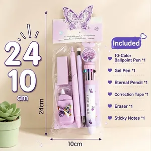 Detailed view of purple butterfly stationery gift set showing included pens and 24x10cm size