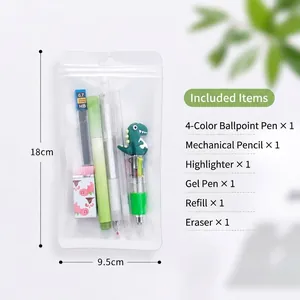 Dinosaur stationery set including pens, pencils, and eraser in 18x9.5cm pouch bag.