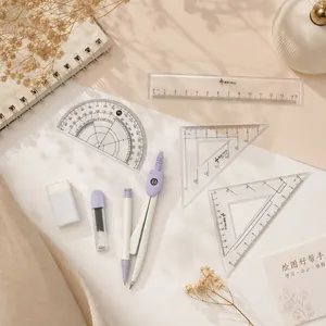 Set de papelería de 7 piezas para estudiantes con compás, reglas y transportador lila