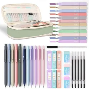 Pastel stationery set including large pencil case, highlighters, gel pens and erasers