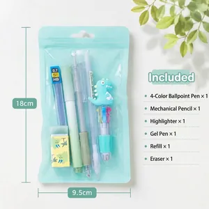 Detailed view of dinosaur stationery set in light blue zip-lock packaging