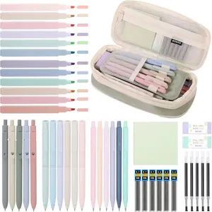 Complete Morandi stationery set with highlighters, pens and a canvas pencil case