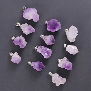 Natural Amethyst Irregular Raw Stone Pendant Purple Crystal Quartz Gemstone Cluster Charm With Metal Clasp For DIY Jewelry Making Women Necklace Accessories