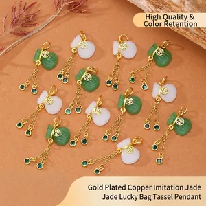 Colgante de Borla de Bolsa de la Fortuna de Cobre Chapado en Oro e Imitación de Jade Con Circonia para Pulsera DIY Joyería Hecha a Mano