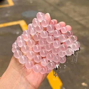 Bracelet en Perles de Cristal de Quartz Rose Naturel Avec Breloque en Alliage et Gland Bijoux de Mode Élégants pour Femme