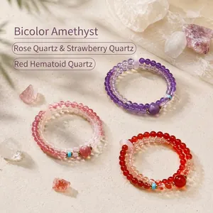 Pulsera Multivuelta de Amatista Natural Cuarzo Fresa Ágata para Mujer Nuevo Estilo Chino Cristal Curativo con Cuentas