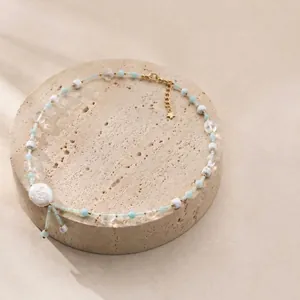 Collana di Perle d'Acqua Dolce e Amazonite Naturale Farfalla in Madreperla Bianca Nappina Pietra Energetica Girocollo Fatto a Mano Gioielli da Donna